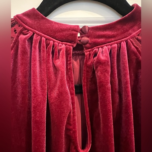 FREE PEOPLE Red/Raspberry Lace Balloon Sleeve Velvet Top Size XS EUC - Picture 4 of 6